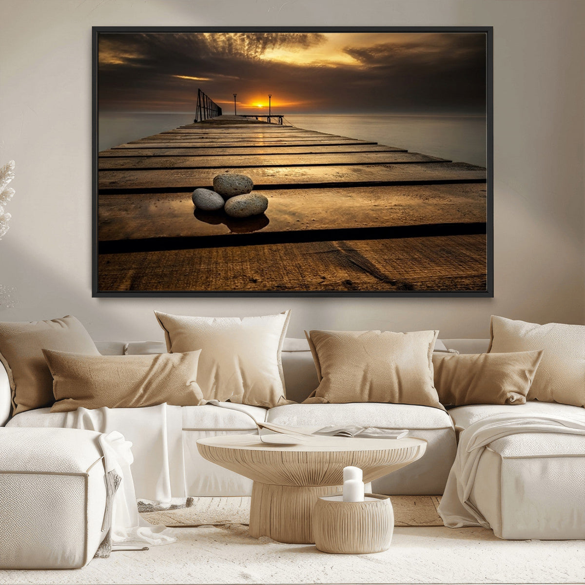 Stones on Wooden Pier at Sunset Canvas Print, Serene Coastal