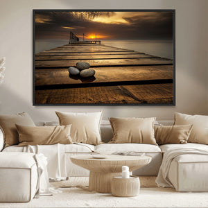 Stones on Wooden Pier at Sunset Canvas Print, Serene Coastal