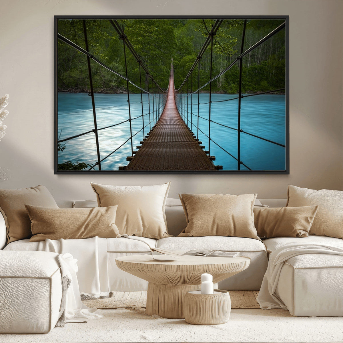 Suspension Bridge Over River Canvas Art | 3-Panel Nature