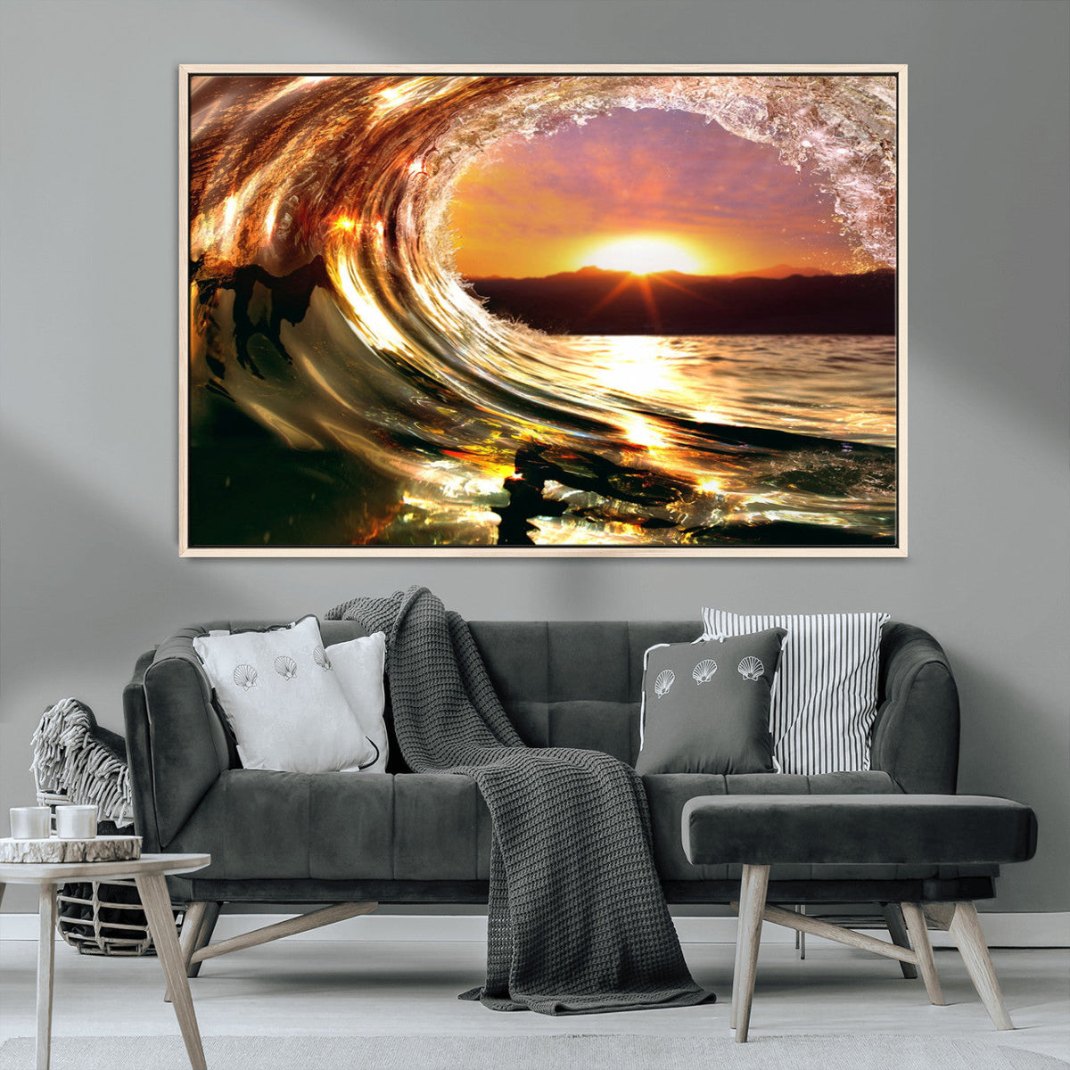 Golden Wave Sunset Triptych Canvas Art, Giclee Canvas Print
