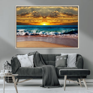 Ocean Sunrise Over Golden Beach Waves, Giclee Canvas Wall
