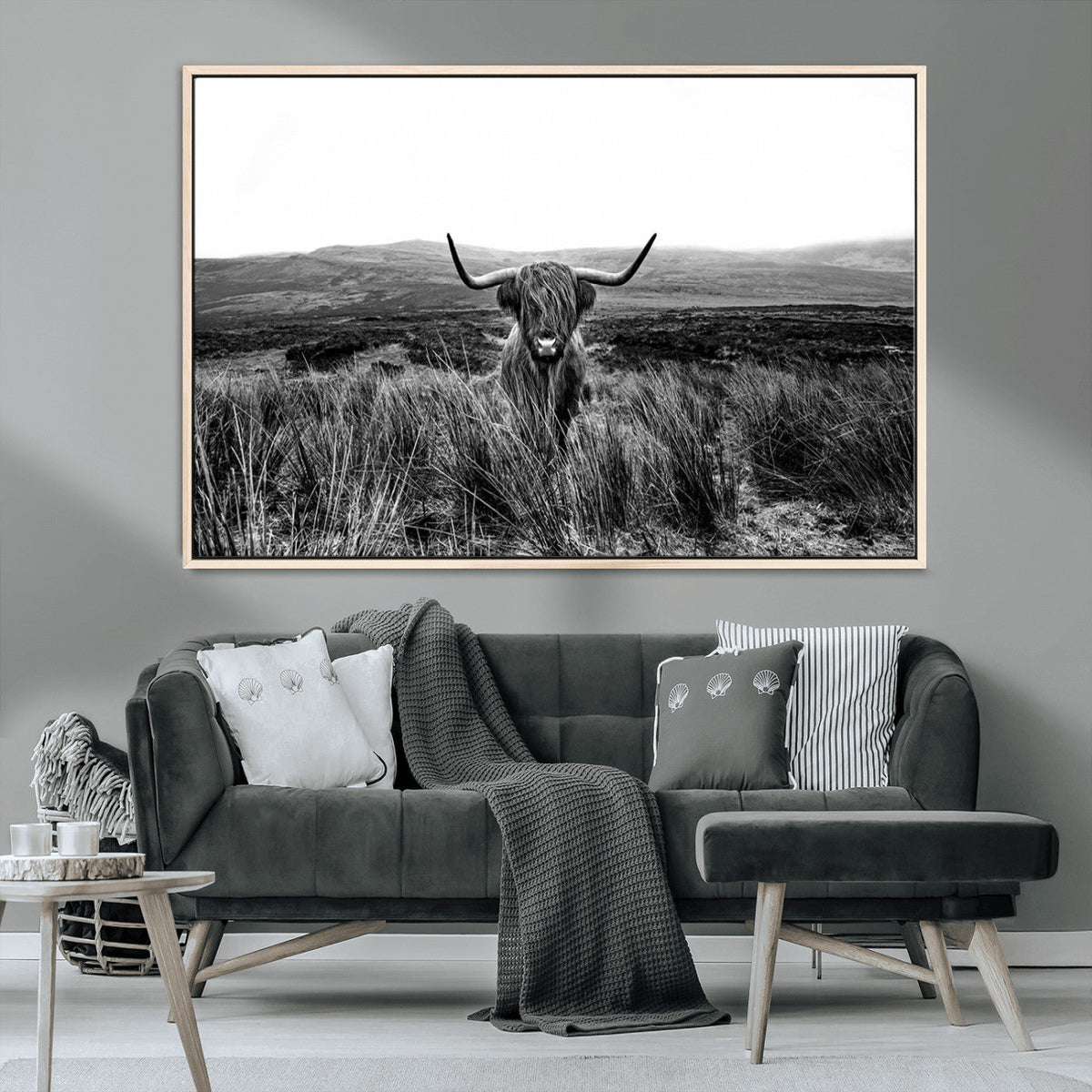 Black and White Highland Cow Canvas Wall Art, Longhorn