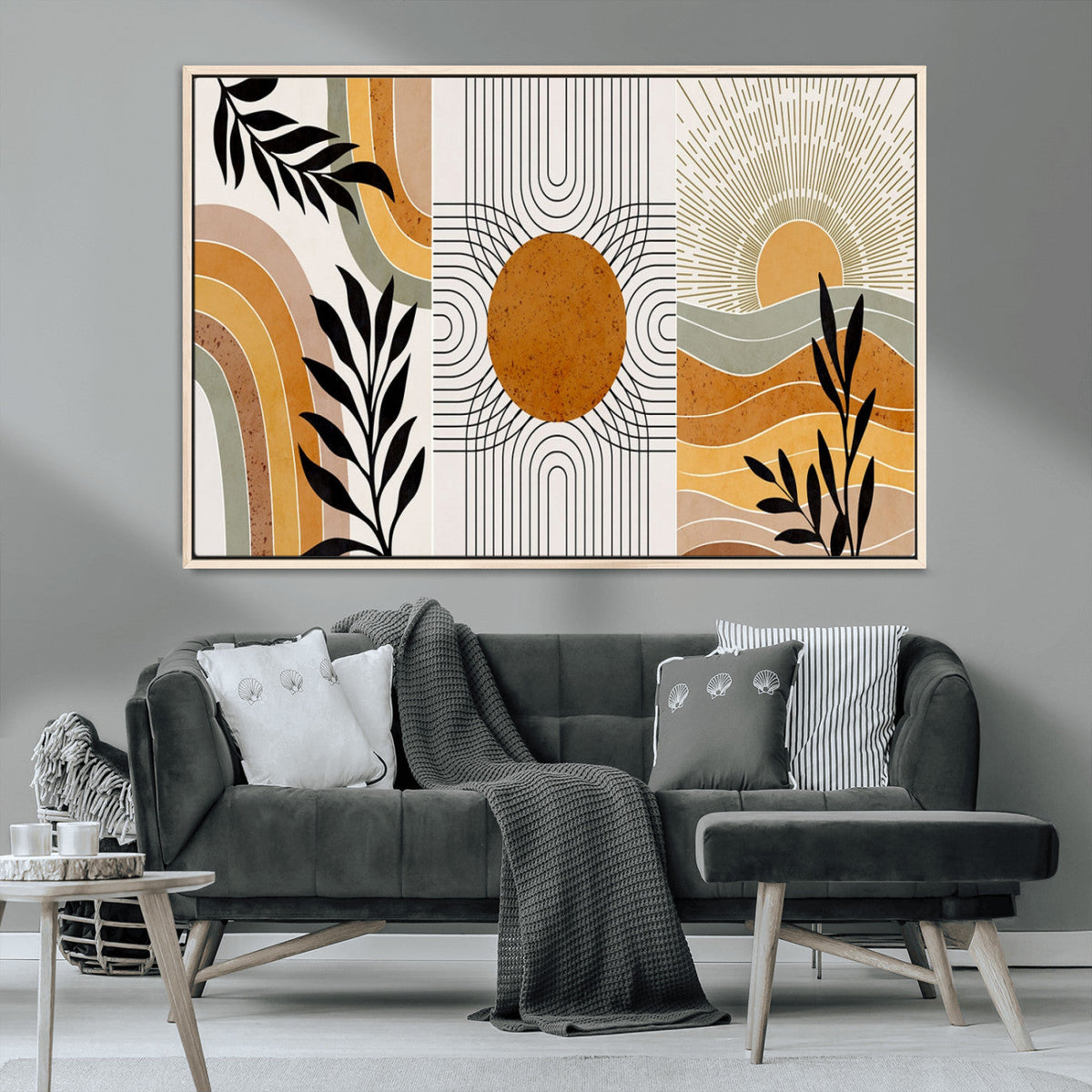 Modern Boho Sun and Leaf Abstract Art – 3-Panel Giclée