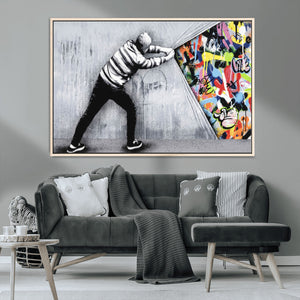 Banksy Art Behind the Curtain Street Wall Art Canvas Print |