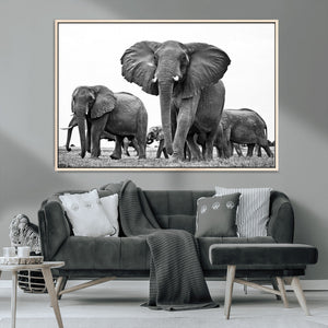 Black White Elephant Family Wall Art Canvas Print