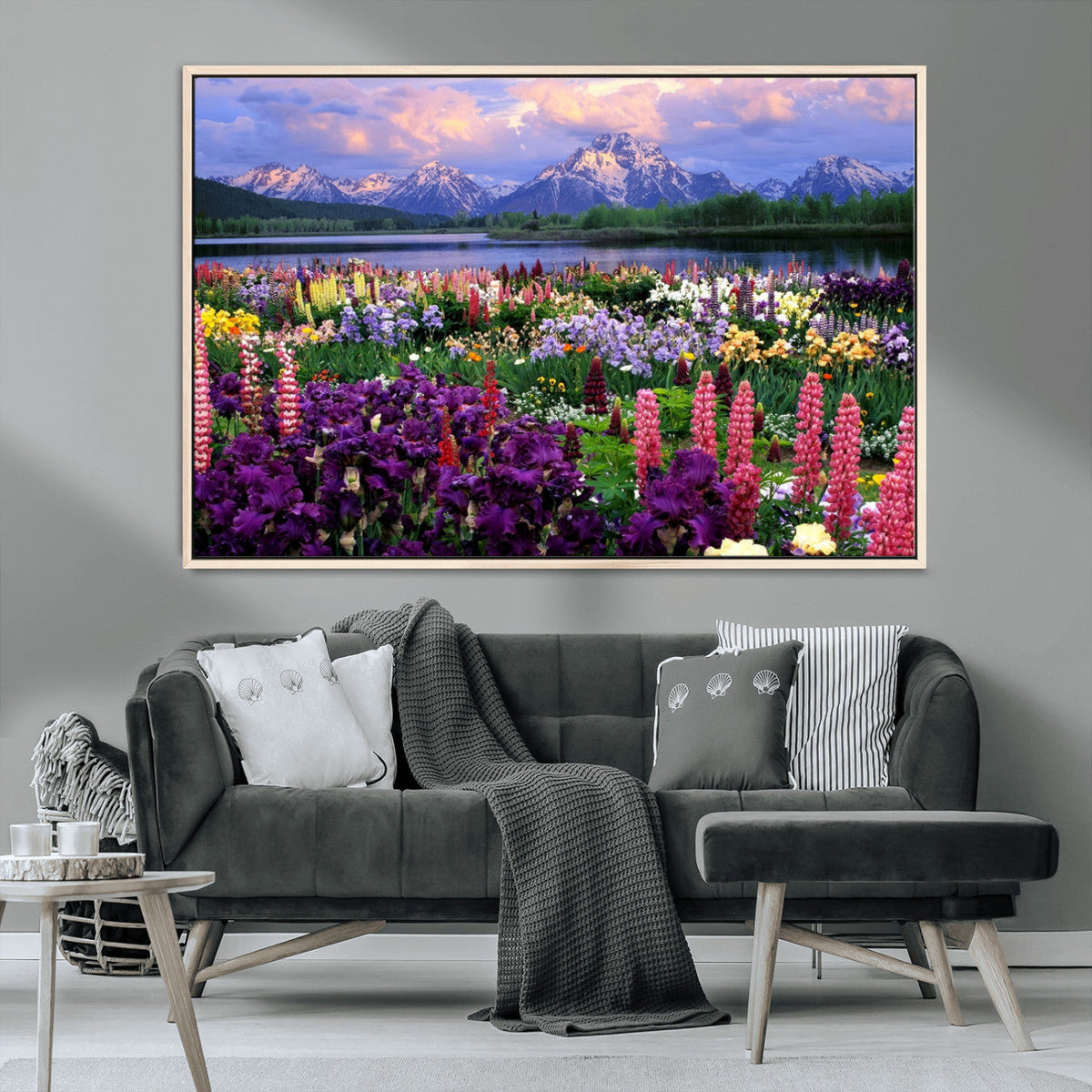 Vibrant Wildflower Garden and Mountain View Giclee Canvas