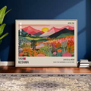 Yayoi Kusama Landscape Canvas Print, Vibrant Floral Mountain Art Print, Framed Botanical Wall Art -