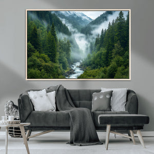 Mountain Forest River Canvas Wall Art Print - Serene Nature