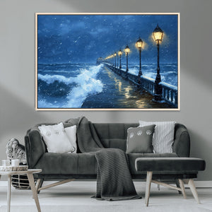 Stormy Ocean Pier Lights Canvas Wall Art Print - Large Moody