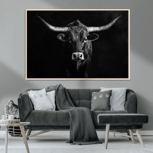 Texas Longhorn Wall Art Canvas Print – Framed Monochrome