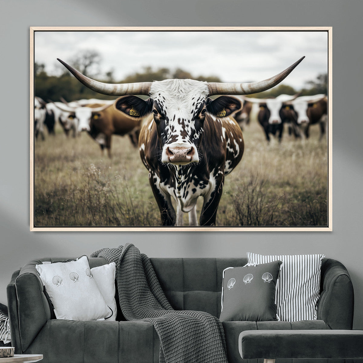 Texas Longhorn Wall Art – Framed Speckled Cow Canvas