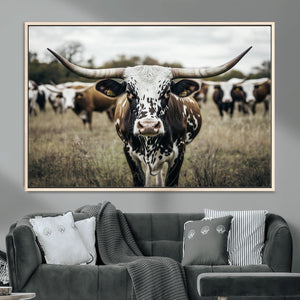 Texas Longhorn Wall Art – Framed Speckled Cow Canvas