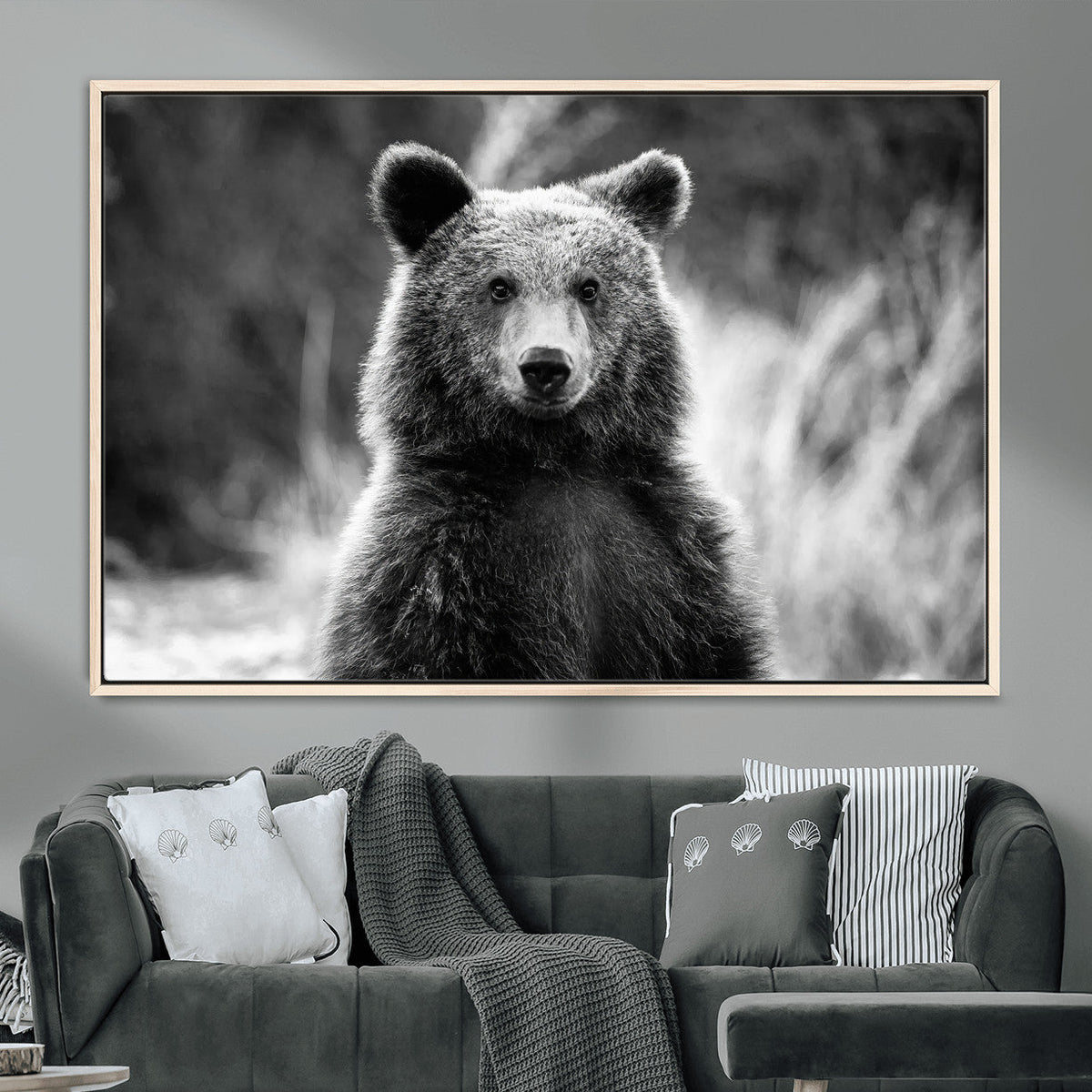 Grizzly Bear Wall Art Canvas Print – Framed Black White