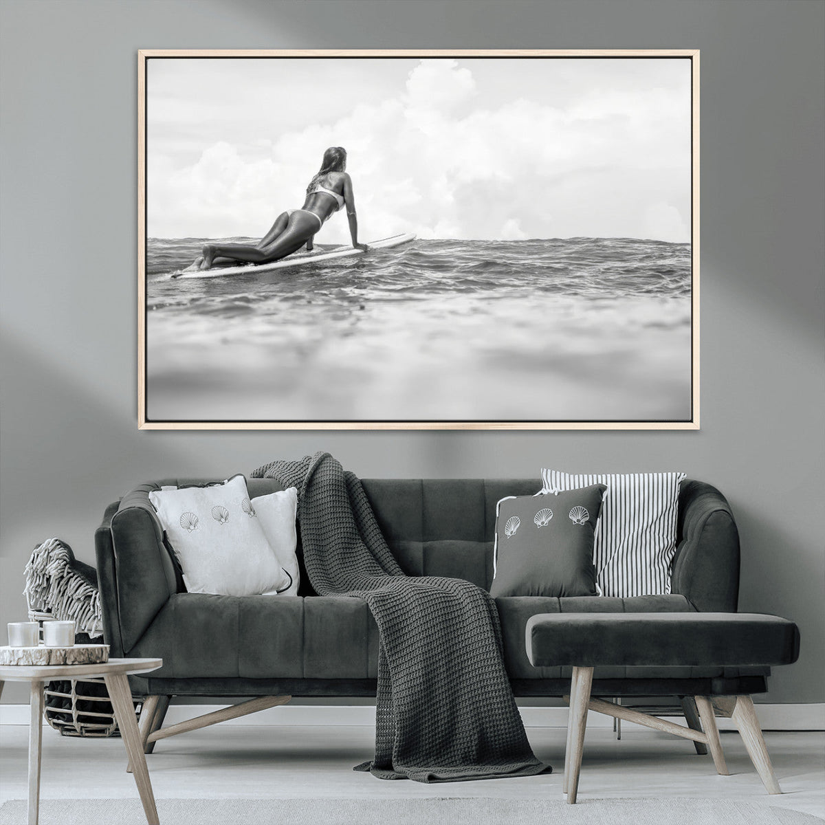 Black and White Surfing Wall Art Canvas Print – Framed Ocean