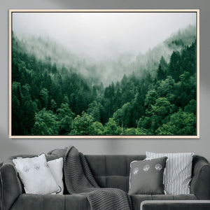 Misty Green Forest Canvas Print – Framed Serene Foggy Pine