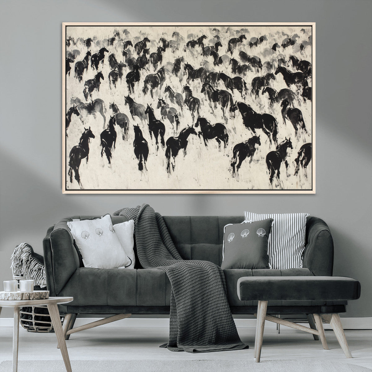 Wild Horse Stampede Wall Art Canvas Print – Monochrome