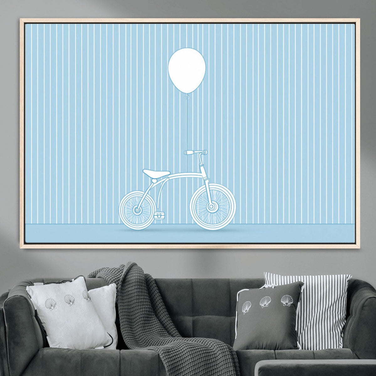 Minimalist Bicycle Balloon Canvas Wall Art – Playful Blue