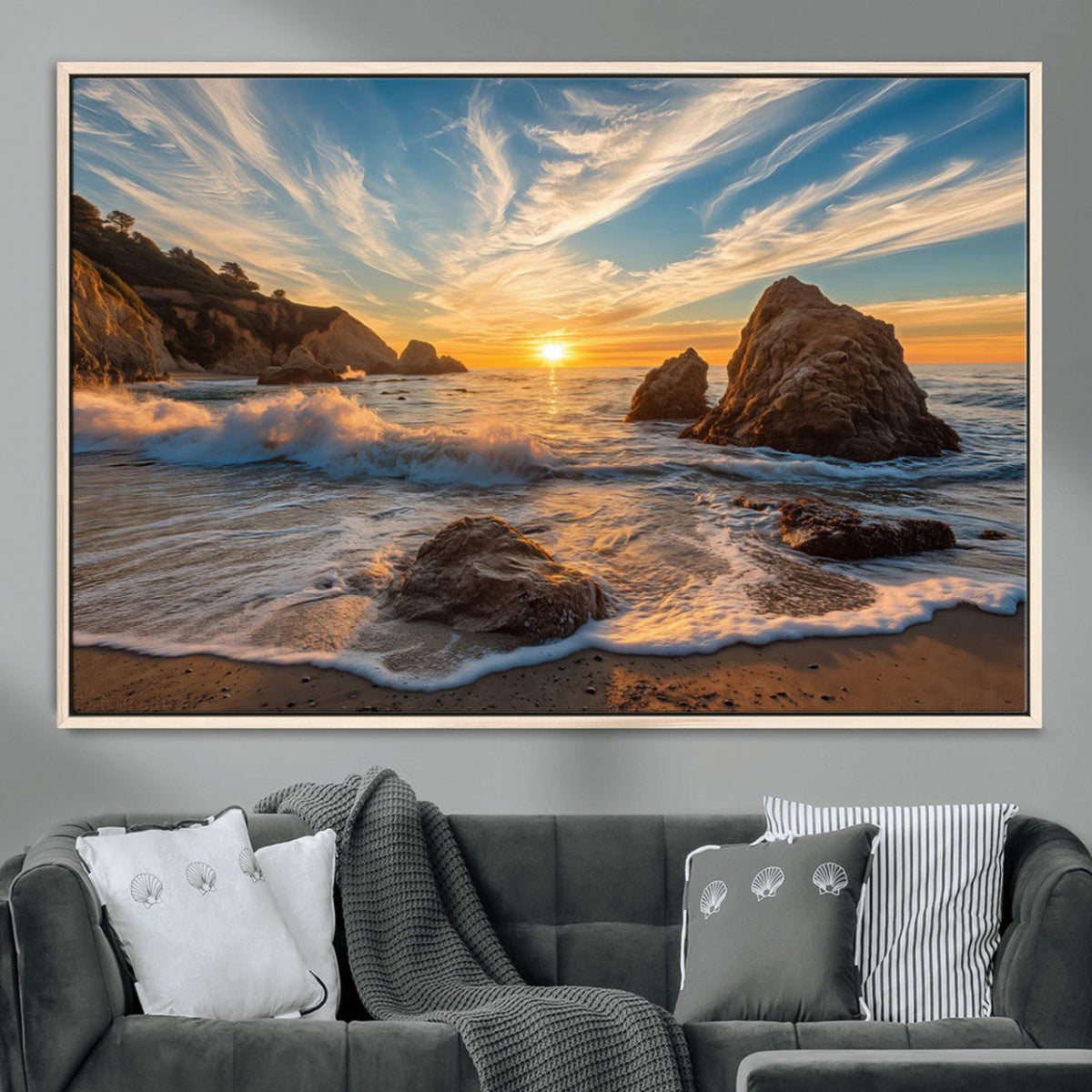Rocky Ocean Sunset Wall Art Print – Seaside Canvas Dramatic