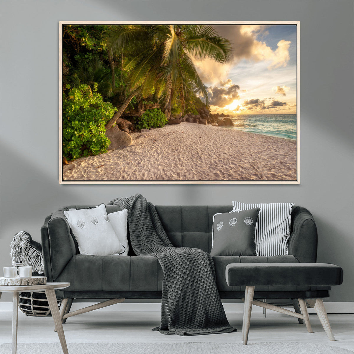 Tropical beach sunset, palm trees, white sand, ocean waves,