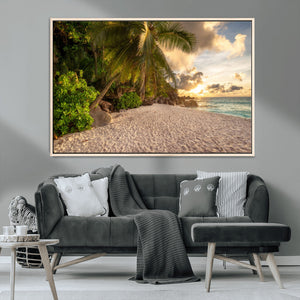 Tropical beach sunset, palm trees, white sand, ocean waves,