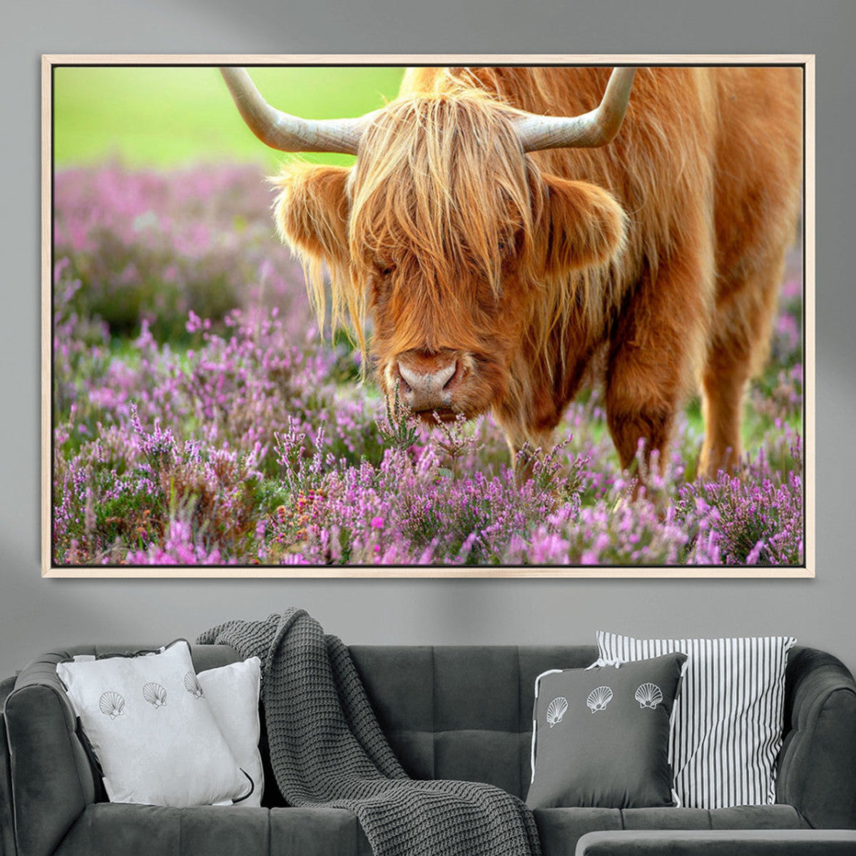 Highland Cow Wall Art Canvas Print – Framed Purple Flowers