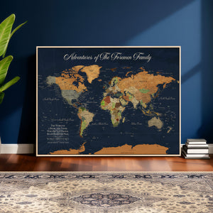Custom Push Pin World Map Wall Art Canvas Print – Personalized Travel Tracker with Pins Framed Large for Home and Office Decor