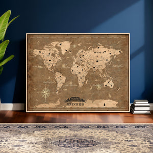 Custom Push Pin World Map Wall Art Canvas Print – Personalized Travel Tracker with Pins Framed Large for Home and Office Decor