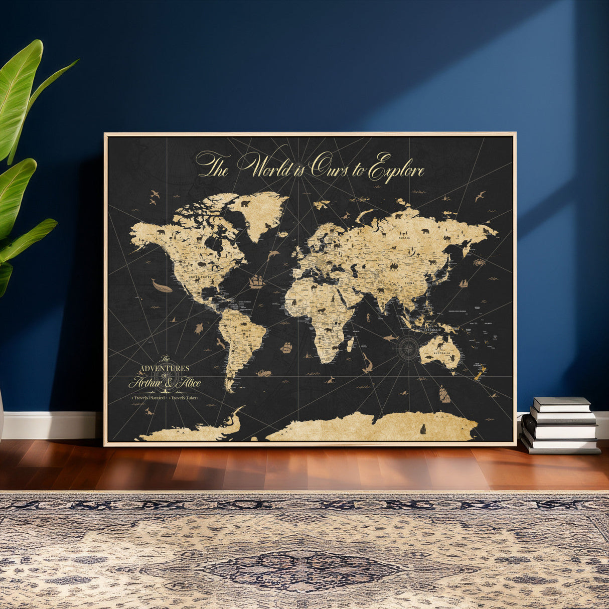 Custom Push Pin World Map Wall Art Canvas Print – Personalized Travel Tracker with Pins Framed Large for Home and Office Decor
