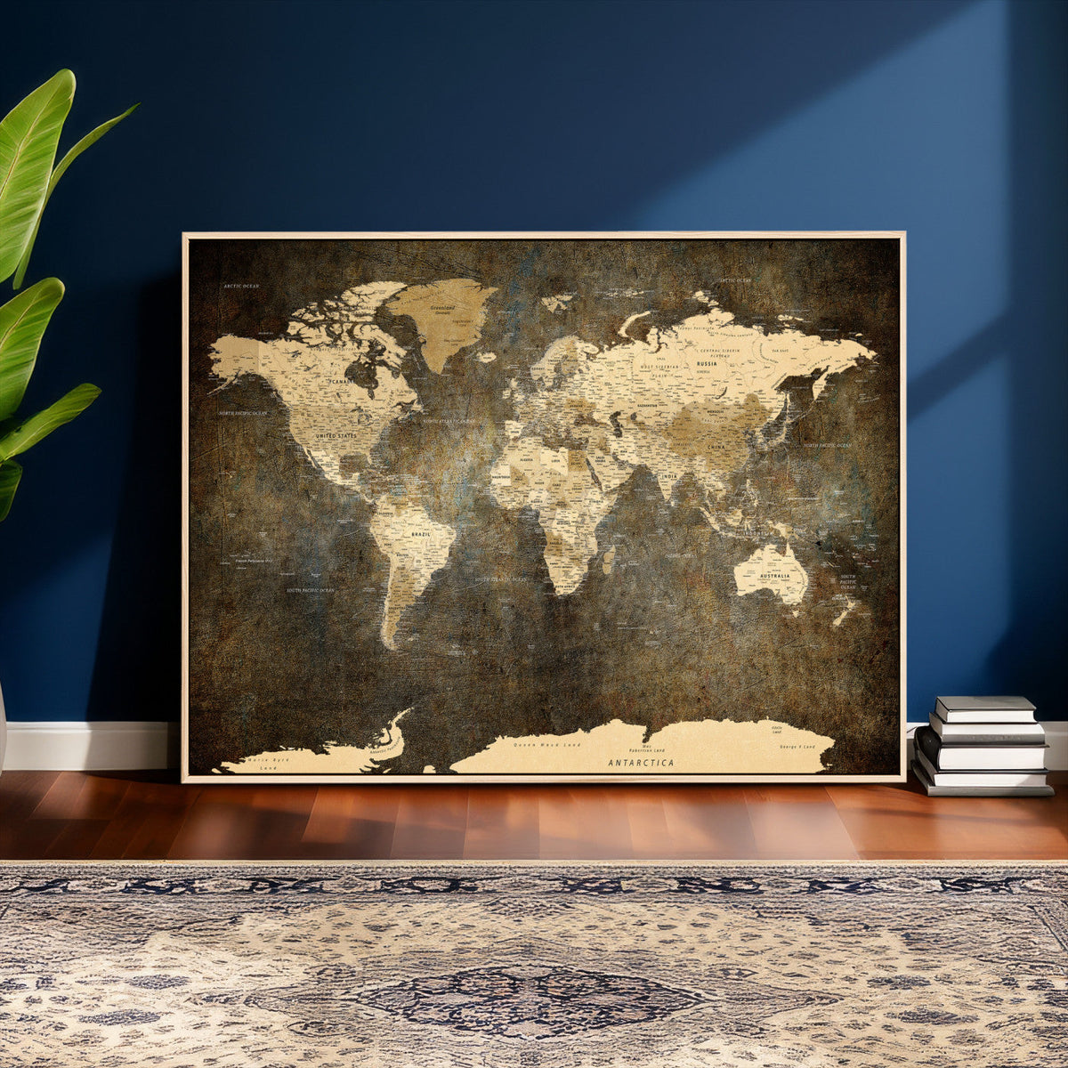 Large Framed Vintage World Map Wall Art Print for Home Wall