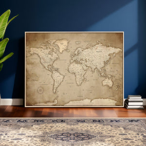 Colorful Watercolor World Map Canvas Wall Art – Framed