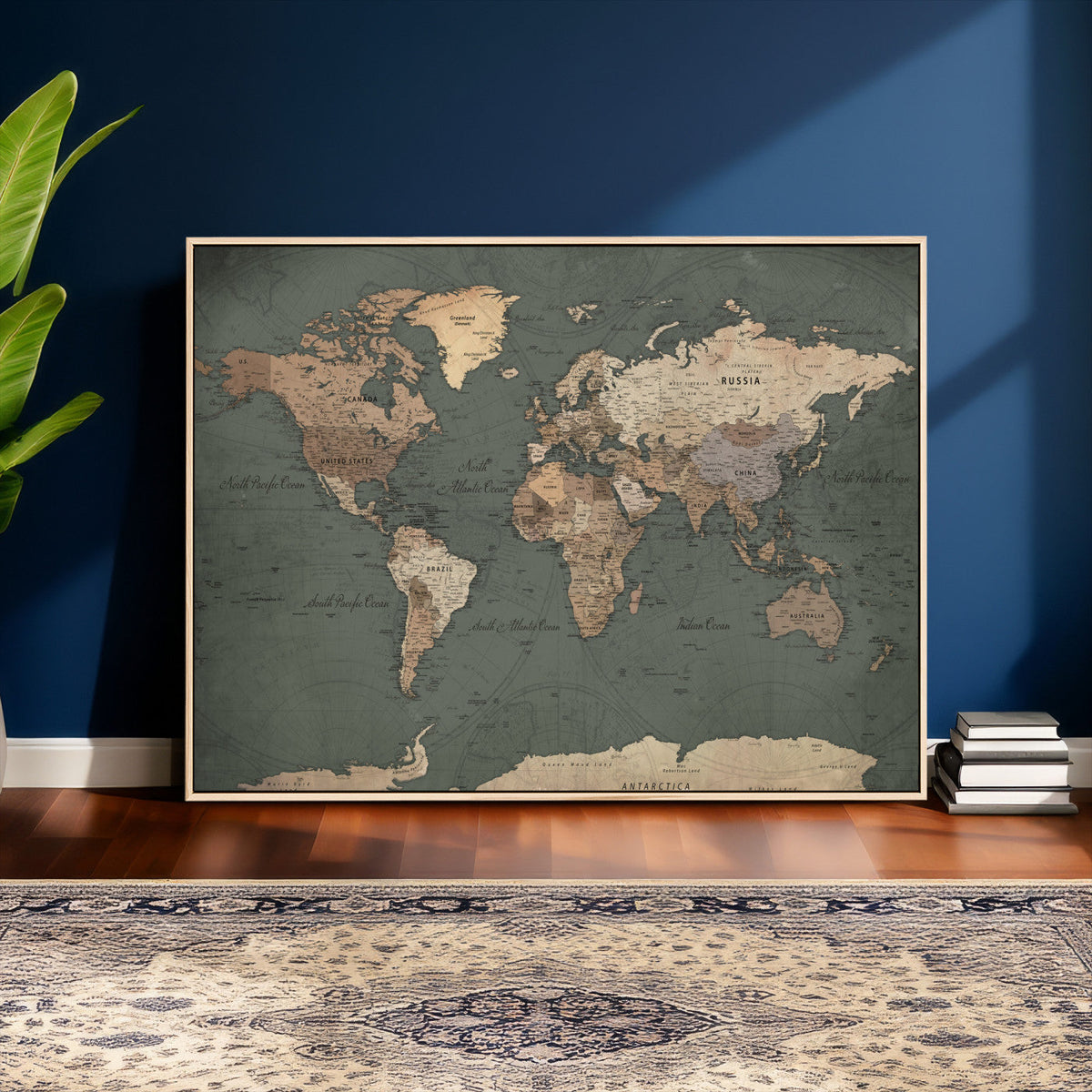 Rustic Black and Wood World Map Canvas Wall Art – Framed