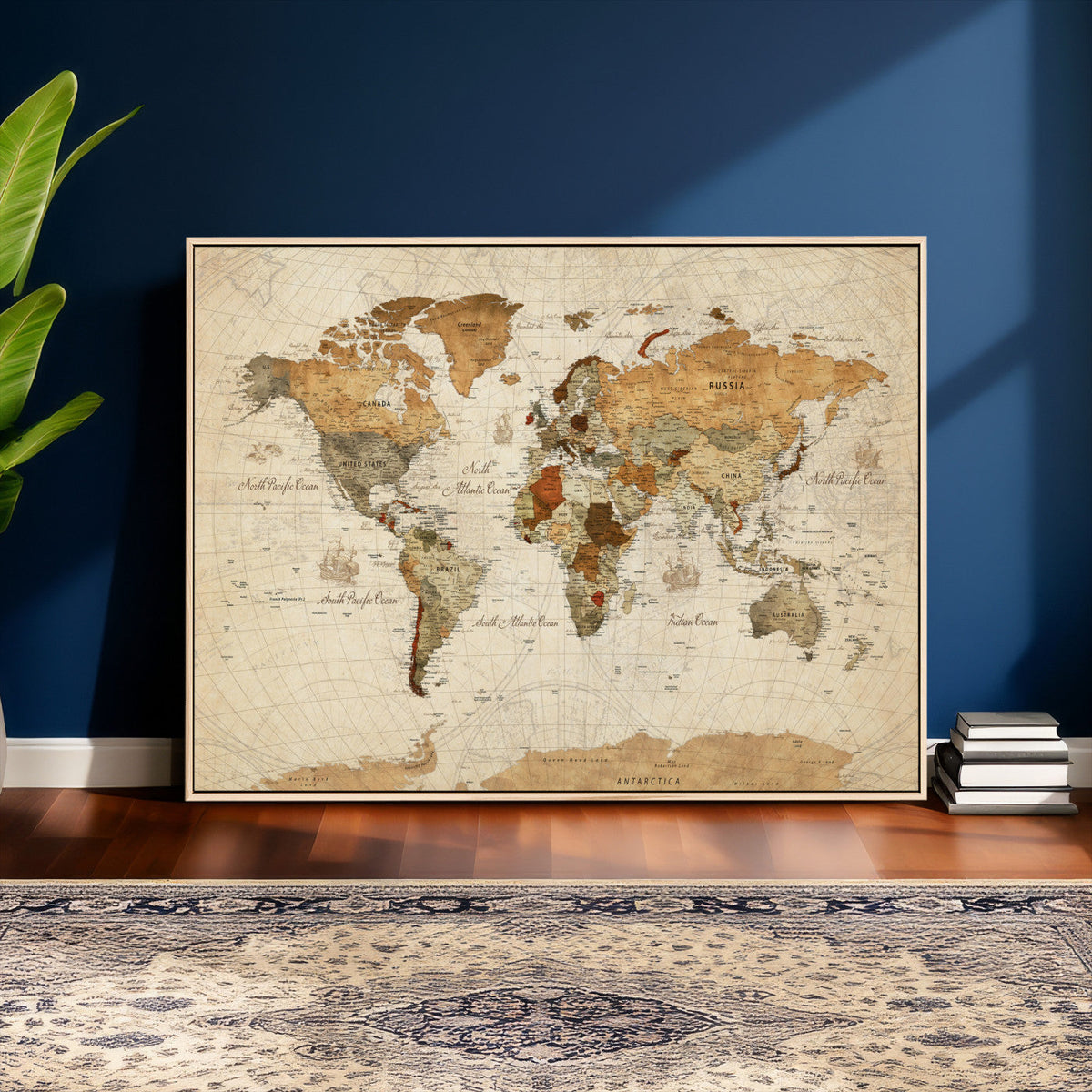Rustic Vintage World Map Canvas Print – Framed Modern