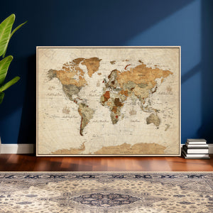 Rustic Vintage World Map Canvas Print – Framed Modern