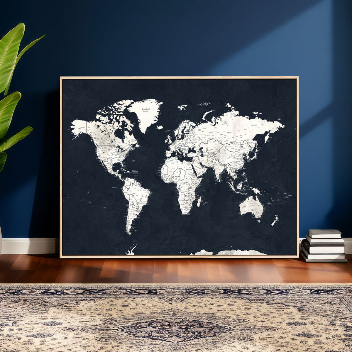 Black World Map Wall Art Canvas Print for Home Office and