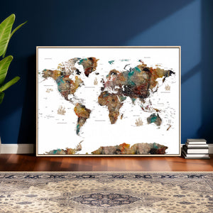 Watercolor World Map Canvas Print – Detailed Map of the