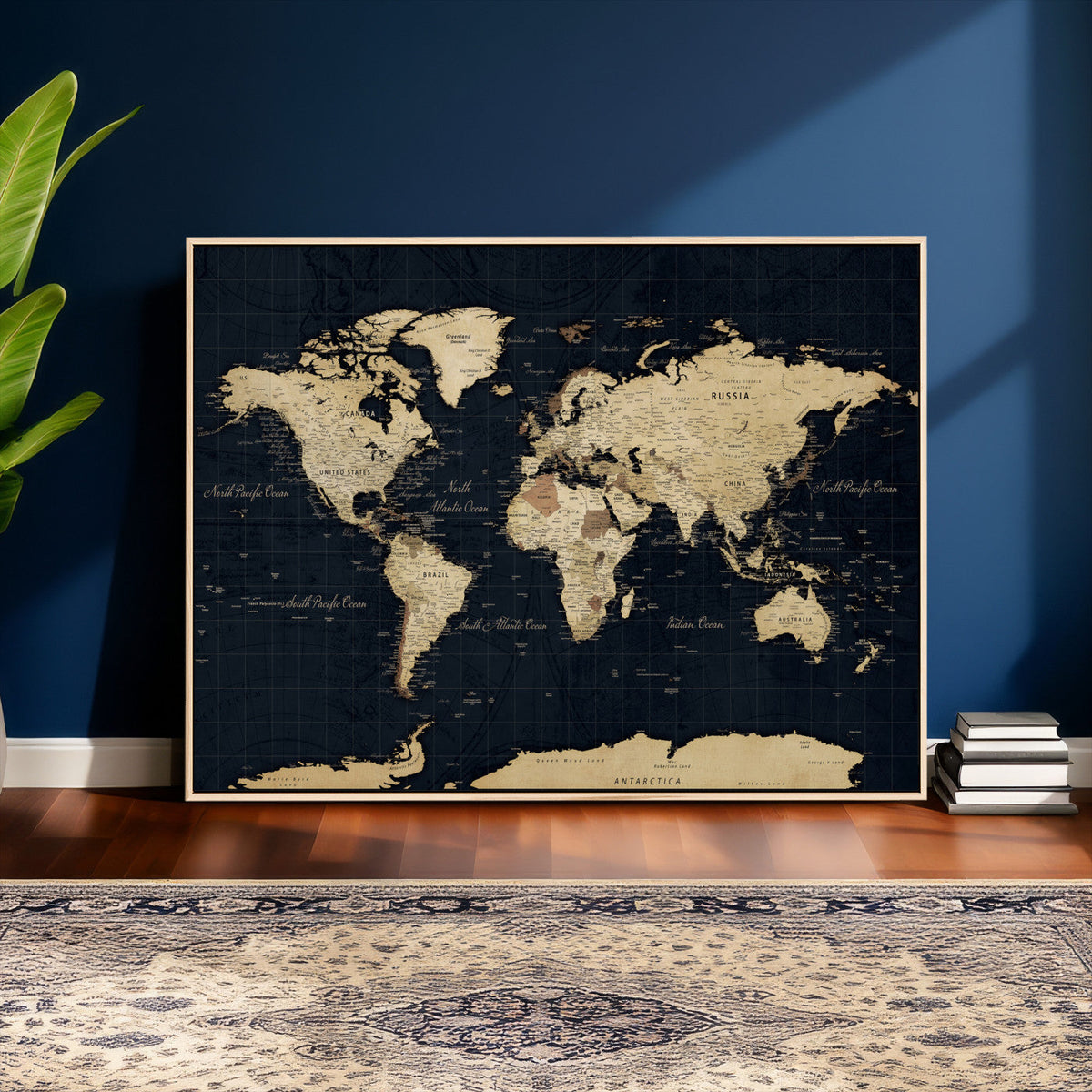 Dark World Map Canvas Wall Art Print, Minimal Black and Gold