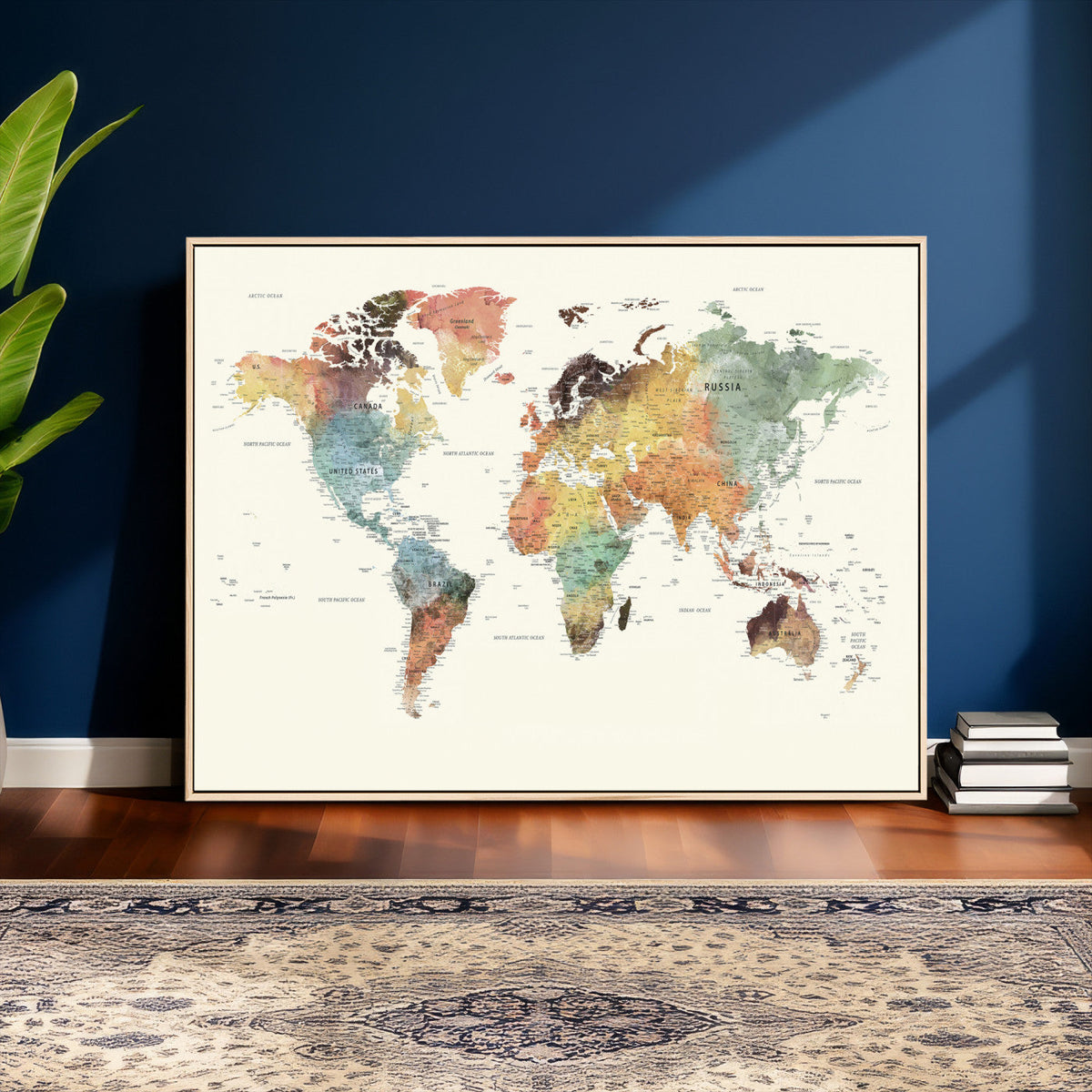 Framed World Map Wall Art Canvas Print for Living Room and