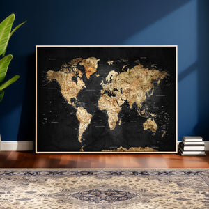 World Map Canvas Wall Art with Famous Landmarks – Framed