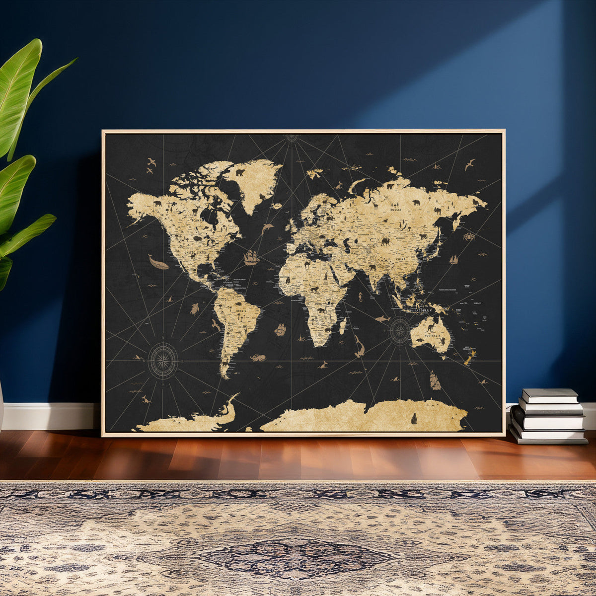 Vintage Blue and Brown World Map Canvas Wall Art – Framed