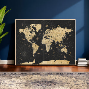 Vintage Blue and Brown World Map Canvas Wall Art – Framed