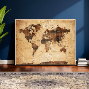 Modern Red and Gray World Map Canvas Print – Framed Wall Art