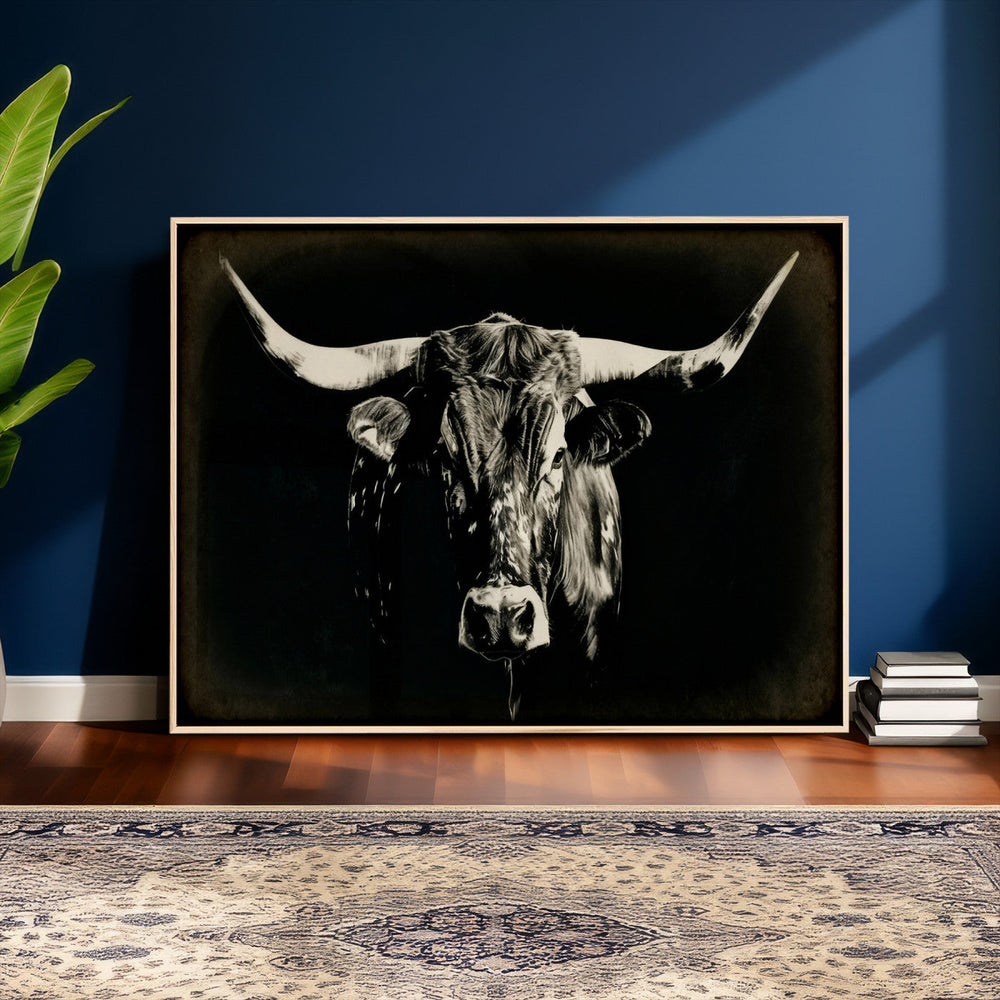 Black Bull Wall Art Canvas Print, Texas Longhorn Portrait