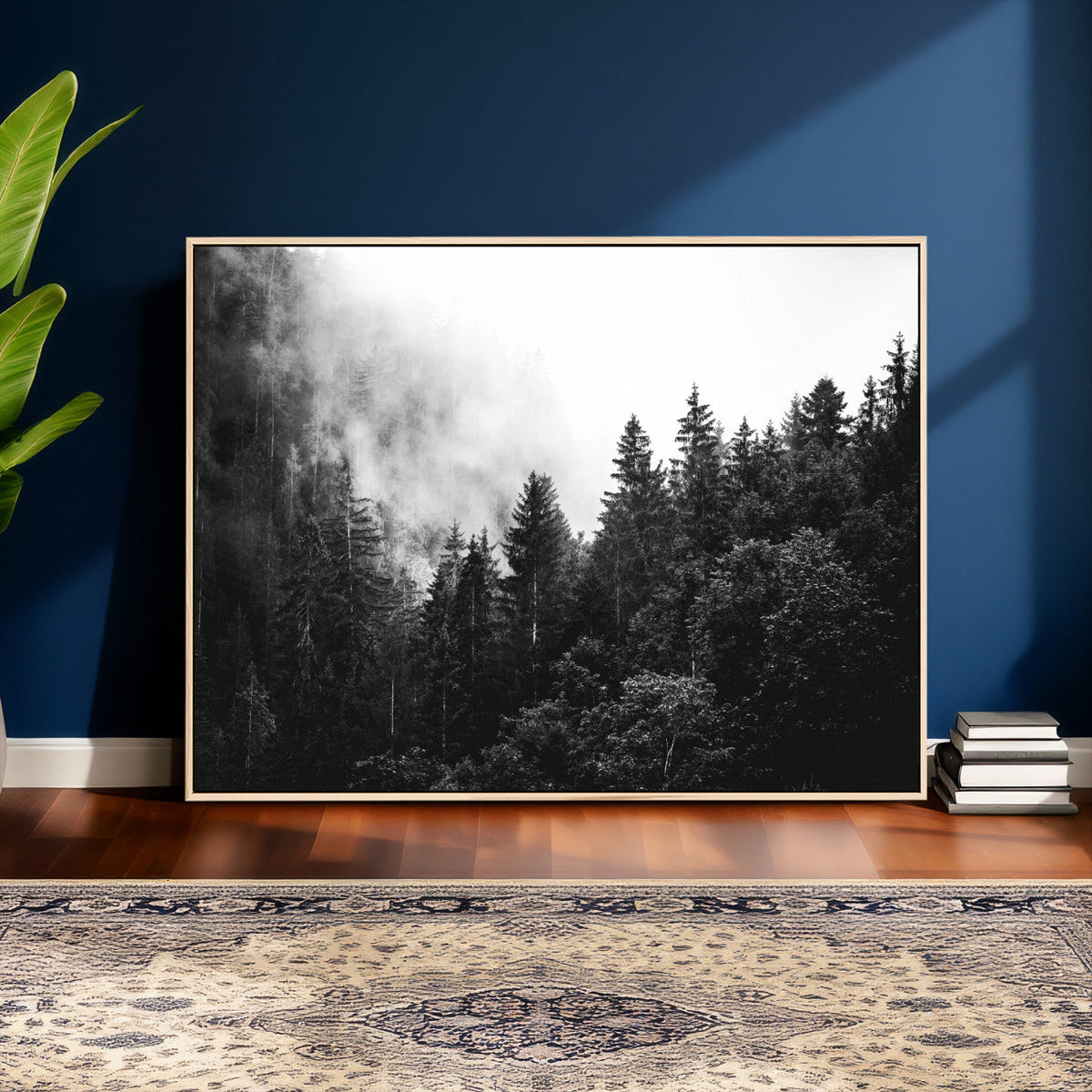 Black White Forest Wall Art Canvas Print, Misty Pine Tree