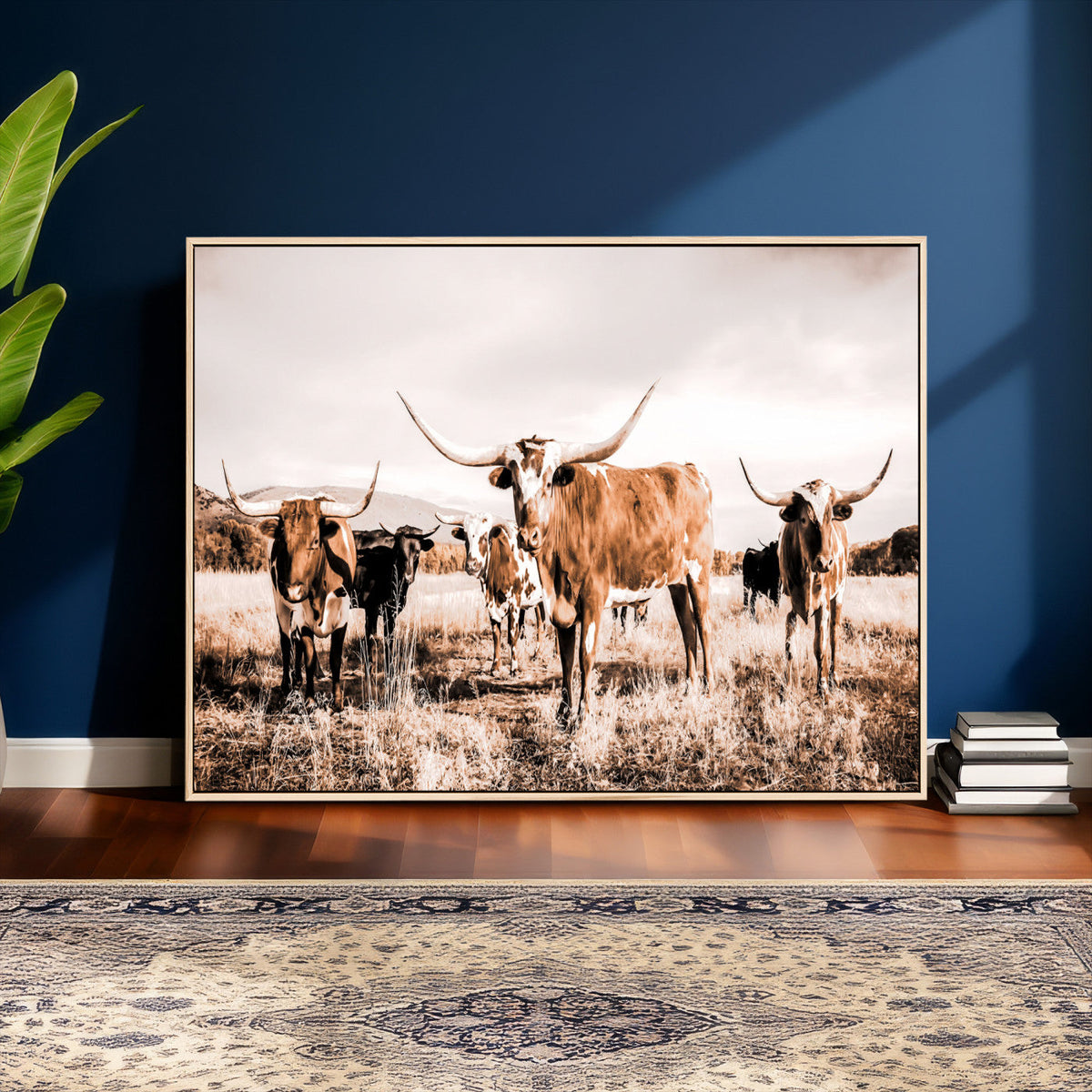 Texas Longhorn Cattle Wall Art Canvas Print, Sepia Western