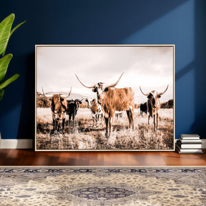 Texas Longhorn Cattle Wall Art Canvas Print, Sepia Western