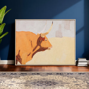 Minimal Longhorn Bull Wall Art Canvas Print, Neutral Western
