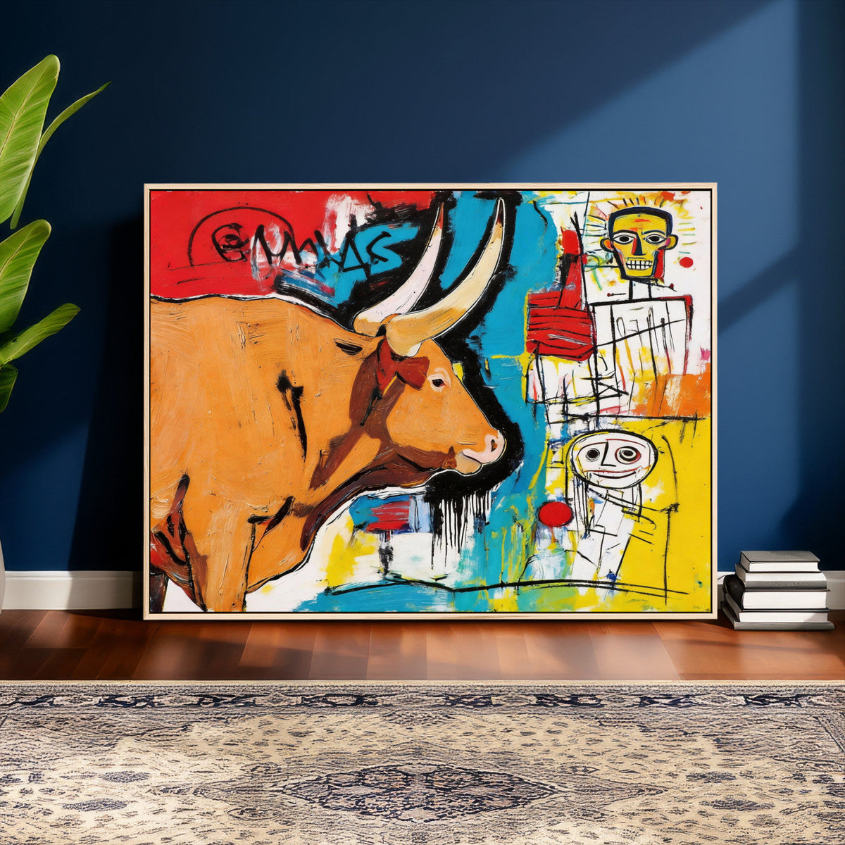Basquiat Style Bull Graffiti Wall Art Canvas Print, Street