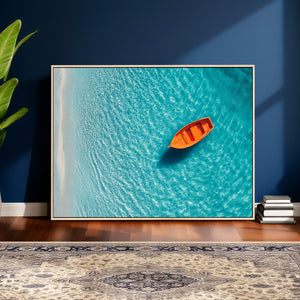 Minimalist Boat Wall Art Canvas Print, Aerial Sea Landscape
