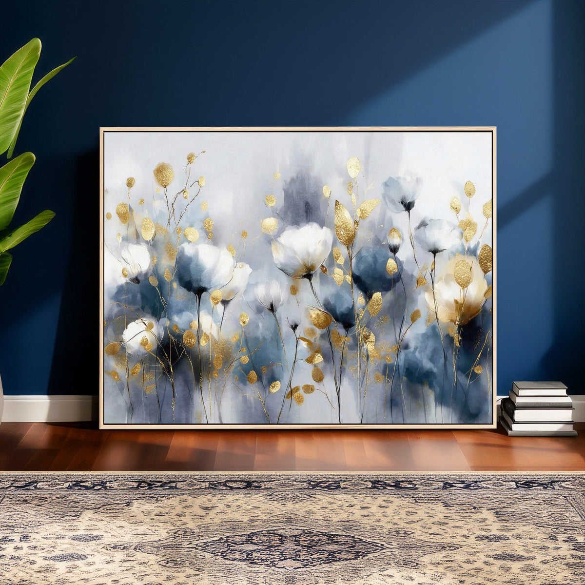 Large Abstract Flowers Wall Art Canvas Print – Gold and Blue