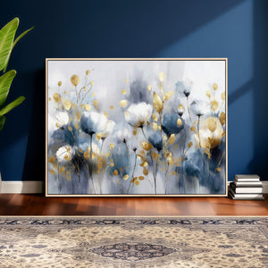 Large Abstract Flowers Wall Art Canvas Print – Gold and Blue